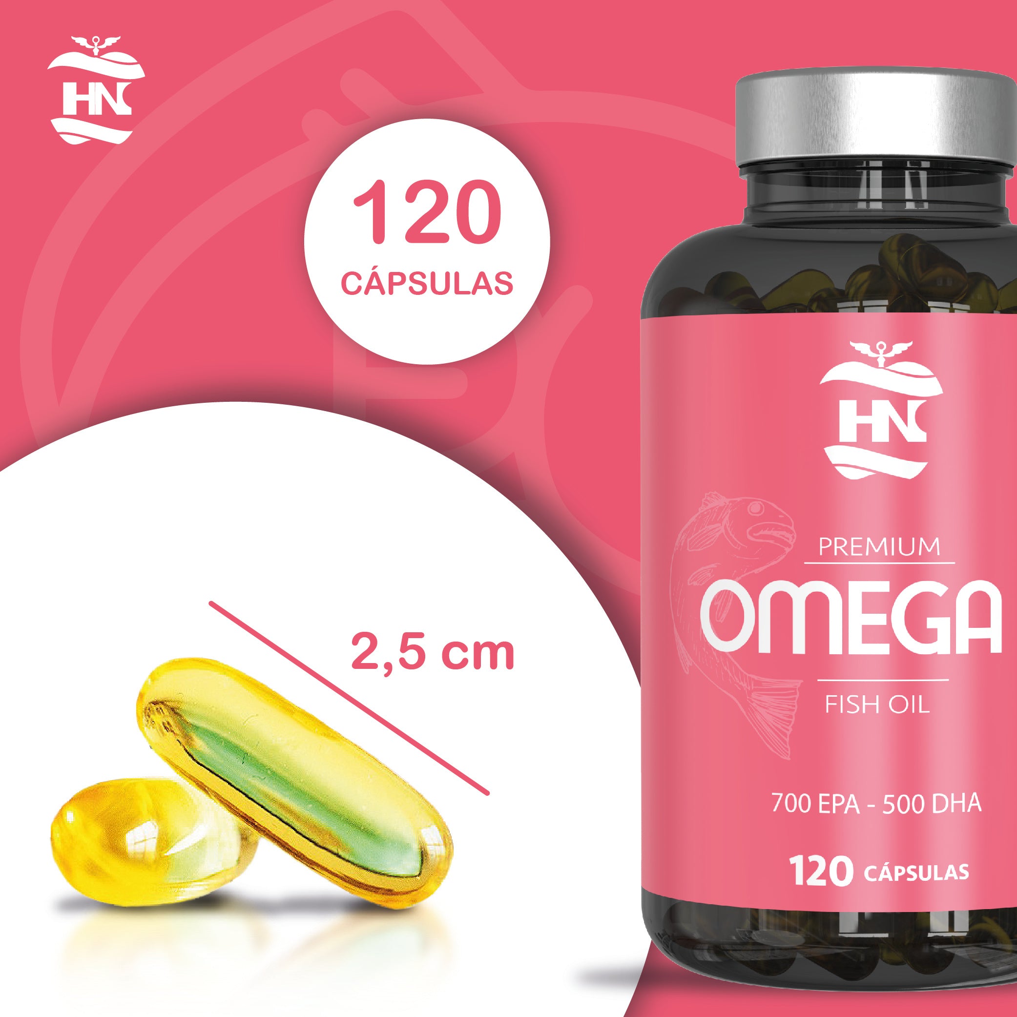 HN Nutrición Saludable Omega 3 Capsulas 2000 mg a Base de Aceite de Pescado Omega3-240 Perlas Blandas de Ácidos Grasos Omega 3 700mg EPA - 500mg DHA 1000mg Alta Concentración EPA – DHA con Vitamina E 120 Cap. (2 Botes)