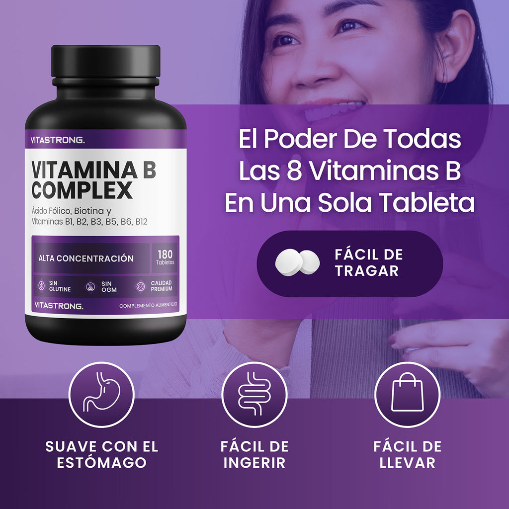 Complejo de vitamina B en dosis altas, 180: B1, B2, B3, B5, B6, B7, B9, B12, cianocobalamina, biotina pura, niacina, tiamina B1 pura, riboflavina B2, ácido pantoténico