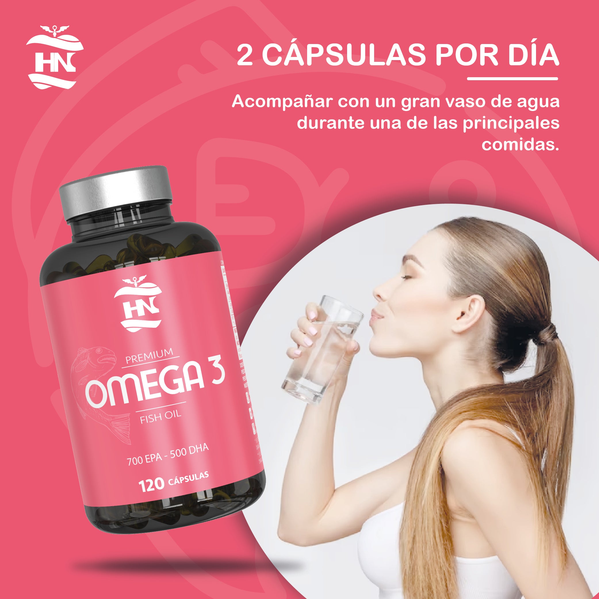 HN Nutrición Saludable Omega 3 Capsulas 2000 mg a Base de Aceite de Pescado Omega3-240 Perlas Blandas de Ácidos Grasos Omega 3 700mg EPA - 500mg DHA 1000mg Alta Concentración EPA – DHA con Vitamina E 120 Cap. (2 Botes)