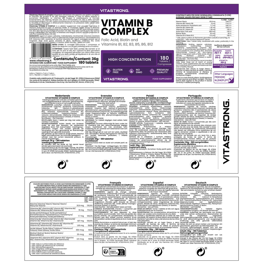 Complejo de vitamina B en dosis altas, 180: B1, B2, B3, B5, B6, B7, B9, B12, cianocobalamina, biotina pura, niacina, tiamina B1 pura, riboflavina B2, ácido pantoténico