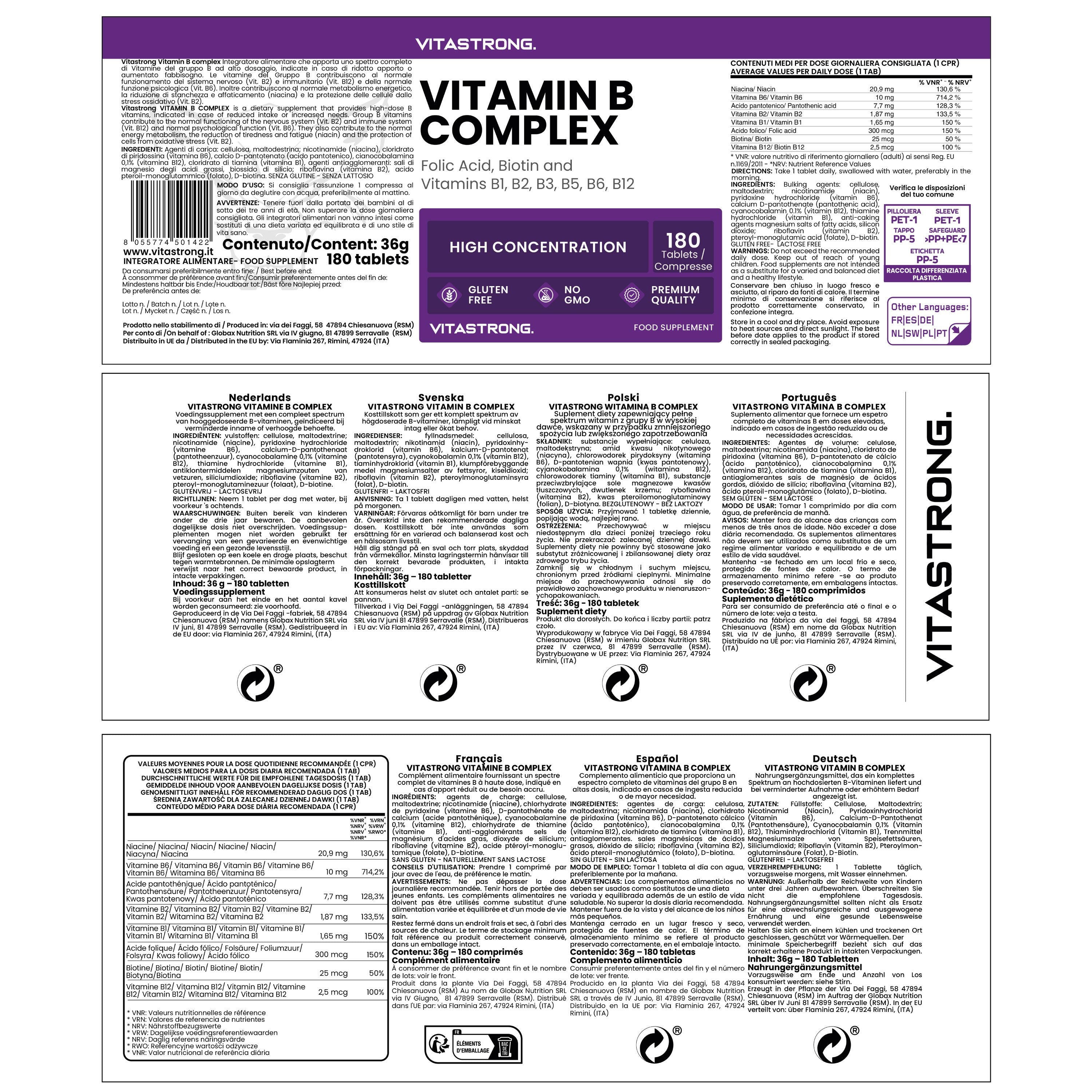 Complejo de vitamina B en dosis altas, 180: B1, B2, B3, B5, B6, B7, B9, B12, cianocobalamina, biotina pura, niacina, tiamina B1 pura, riboflavina B2, ácido pantoténico