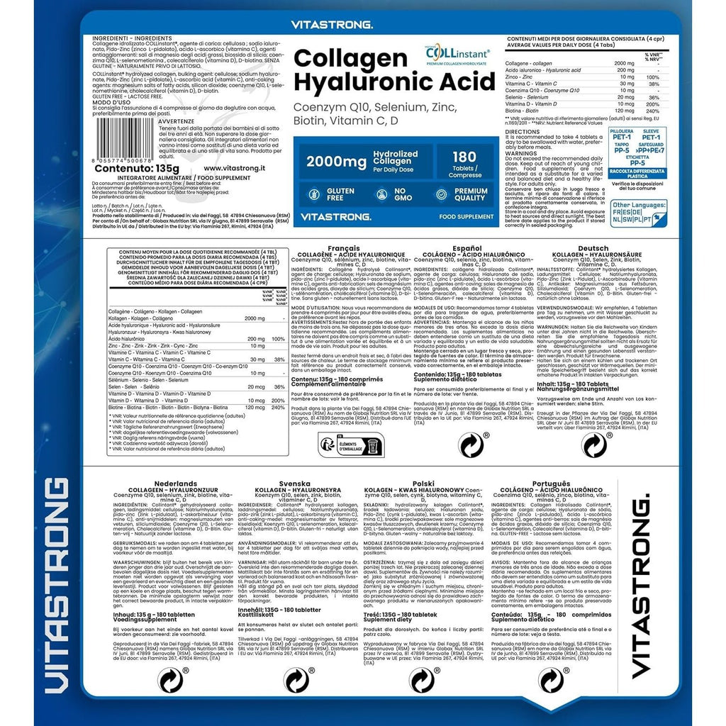 Colágeno y Ácido Hialurónico 180 Comprimidos, Colágeno Hidrolizado 2000mg con Biotina, CoQ10, Zinc, Selenio, Vitaminas C y D, Suplemento de Colágeno para Piel, Huesos y Articulaciones – Calidad COLLinstant