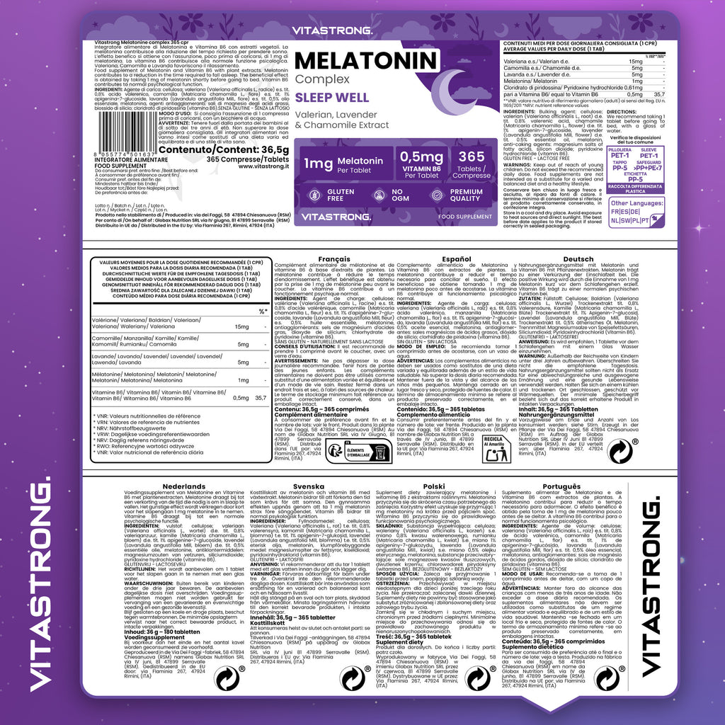 Melatonina Vitastrong Complex, 365 Microcomprimidos de 1Mg de Melatonina con Manzanilla, Valeriana, Lavanda y Vitamina B6, Melatonina de Liberación Prolongada, Sueño y Jet Lag, Pastillas de Melatonina Natural
