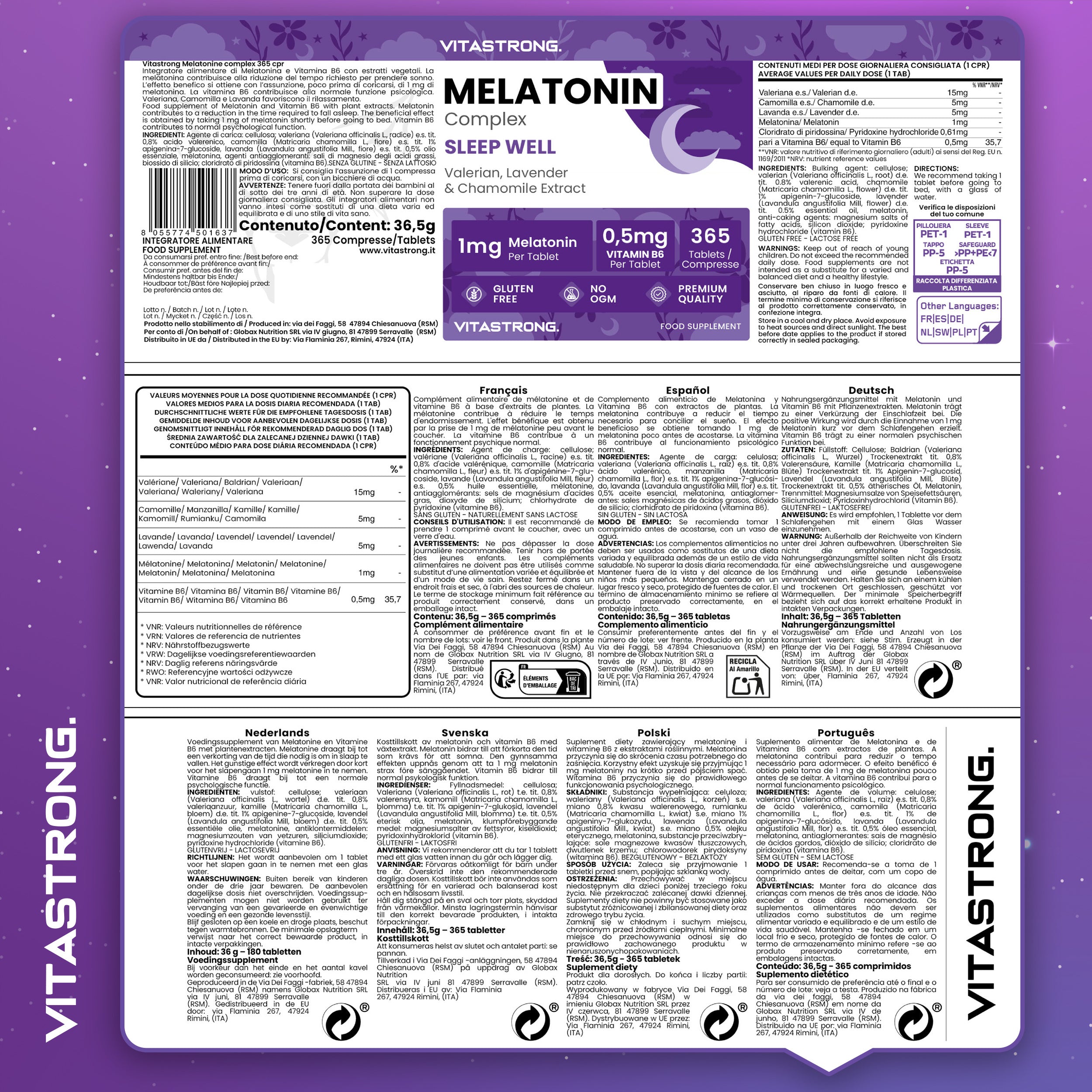 Melatonina Vitastrong Complex, 365 Microcomprimidos de 1Mg de Melatonina con Manzanilla, Valeriana, Lavanda y Vitamina B6, Melatonina de Liberación Prolongada, Sueño y Jet Lag, Pastillas de Melatonina Natural