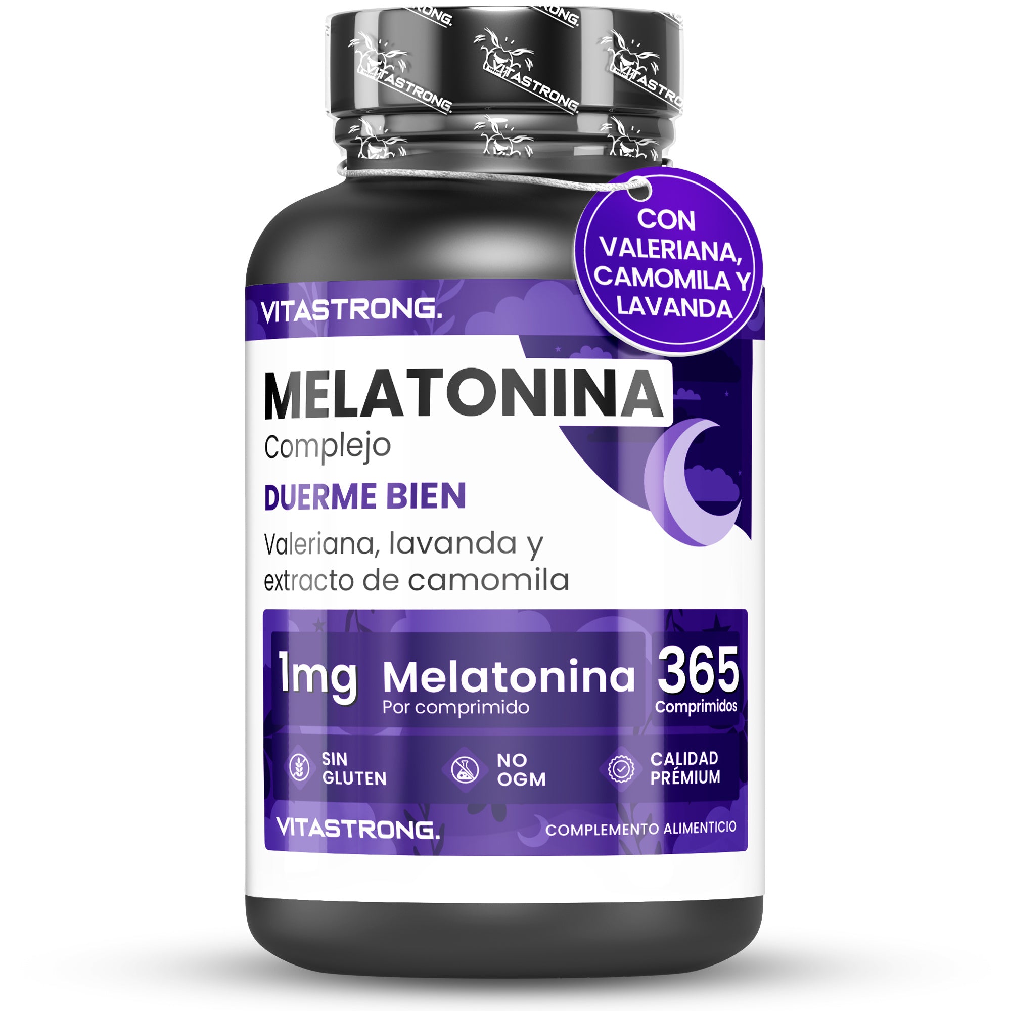 Melatonina Vitastrong Complex, 365 Microcomprimidos de 1Mg de Melatonina con Manzanilla, Valeriana, Lavanda y Vitamina B6, Melatonina de Liberación Prolongada, Sueño y Jet Lag, Pastillas de Melatonina Natural