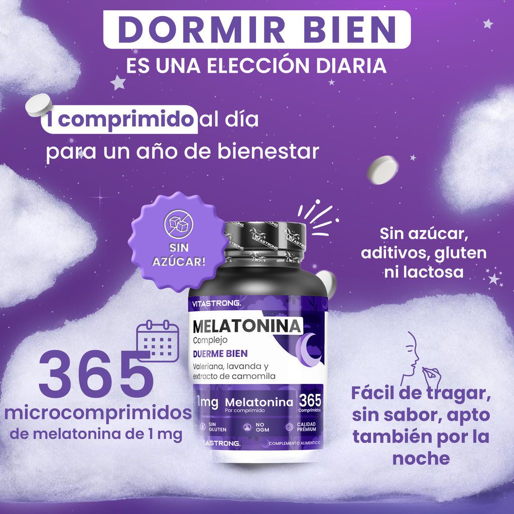 Melatonina Vitastrong Complex, 365 Microcomprimidos de 1Mg de Melatonina con Manzanilla, Valeriana, Lavanda y Vitamina B6, Melatonina de Liberación Prolongada, Sueño y Jet Lag, Pastillas de Melatonina Natural