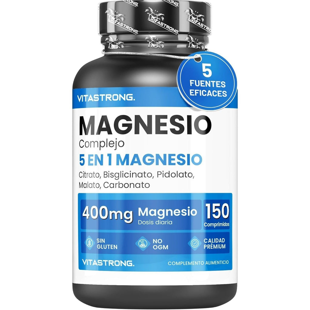 Vitastrong Premium Complejo de magnesio 400 mg por porción, 5 fuentes de bisglicinato de magnesio, citrato de magnesio, pidolato de magnesio, malato de magnesio y carbonato de magnesio, 150 tabletas