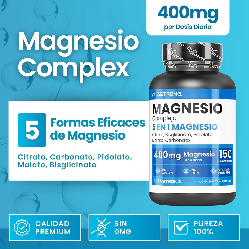 Vitastrong Premium Complejo de magnesio 400 mg por porción, 5 fuentes de bisglicinato de magnesio, citrato de magnesio, pidolato de magnesio, malato de magnesio y carbonato de magnesio, 150 tabletas