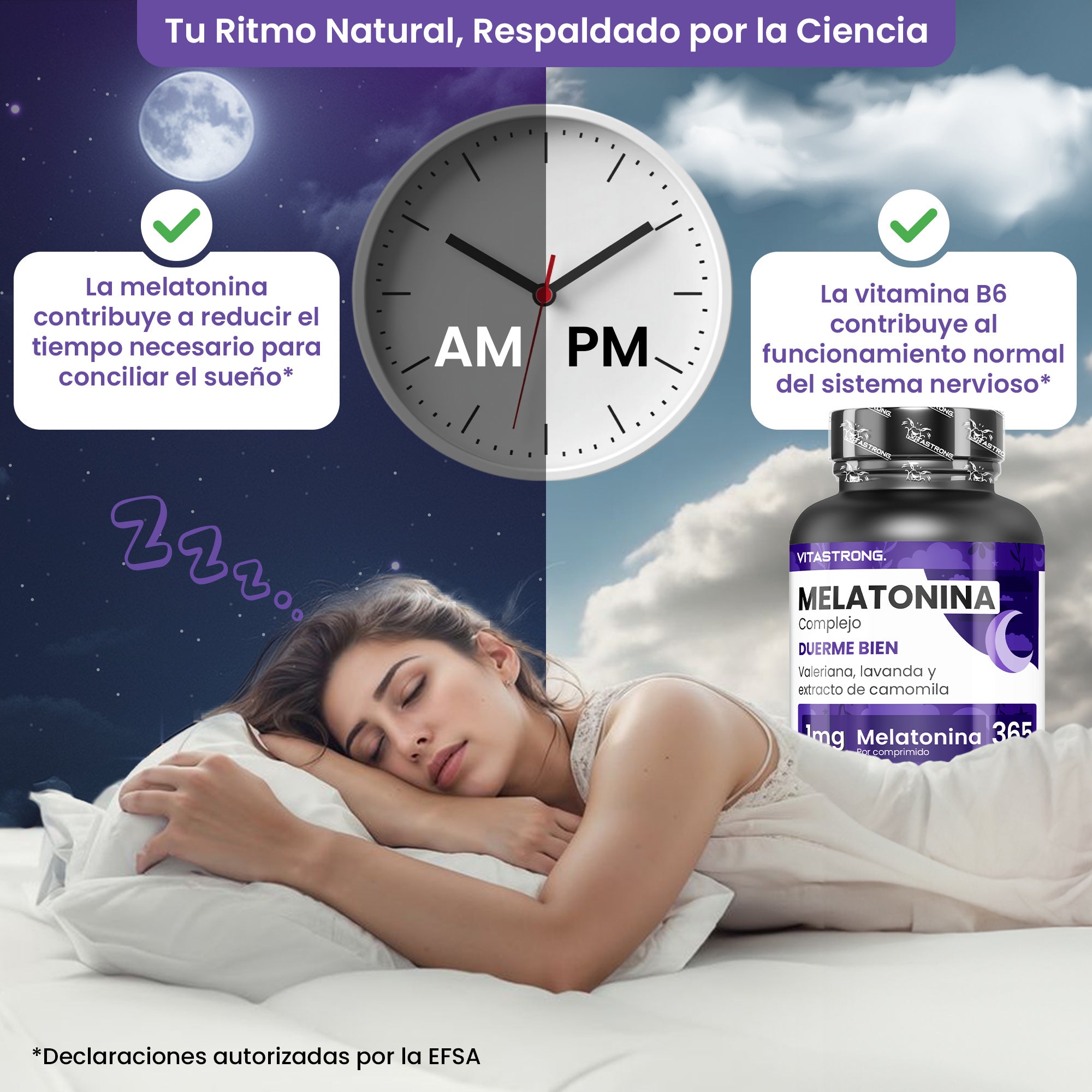 Melatonina Vitastrong Complex, 365 Microcomprimidos de 1Mg de Melatonina con Manzanilla, Valeriana, Lavanda y Vitamina B6, Melatonina de Liberación Prolongada, Sueño y Jet Lag, Pastillas de Melatonina Natural