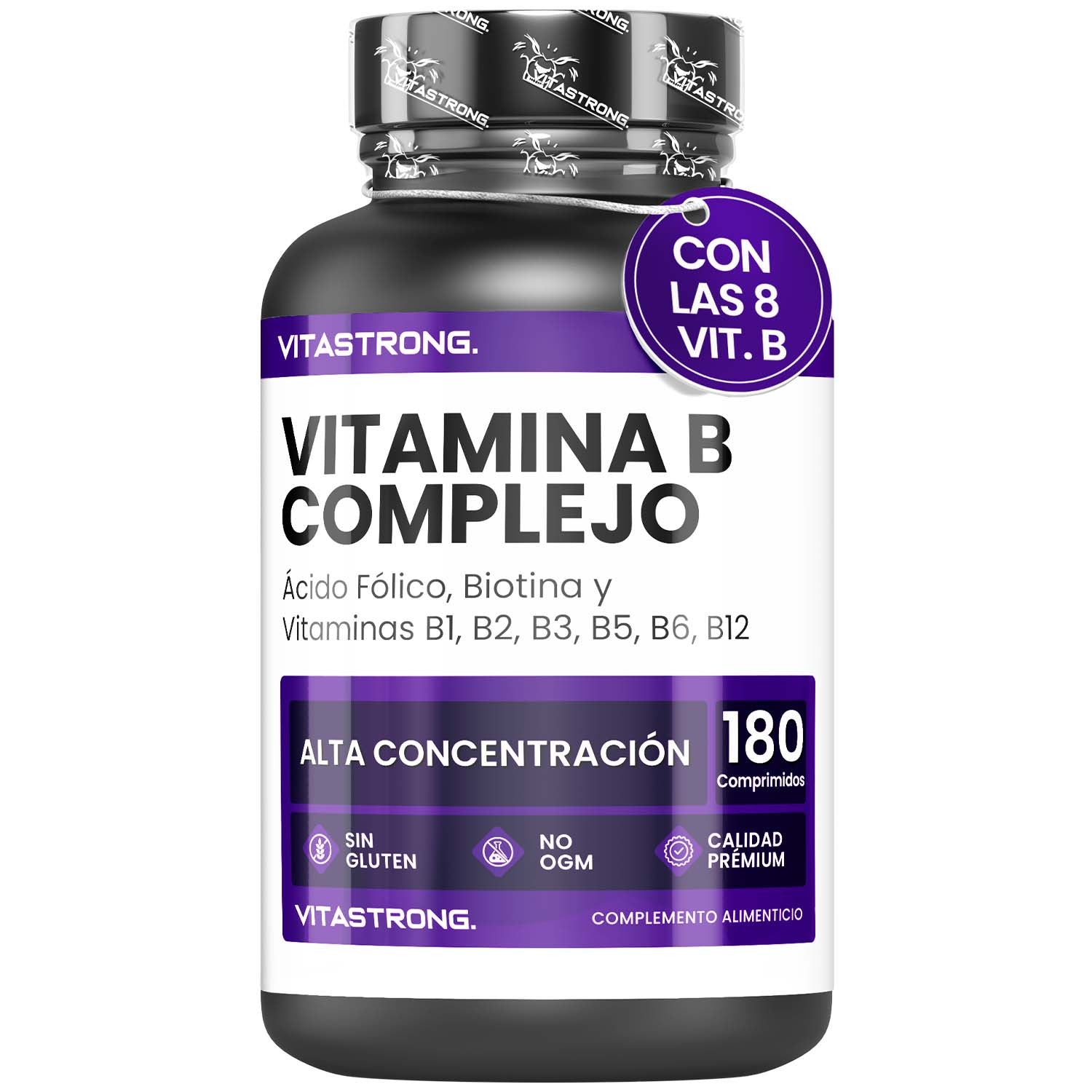 Complejo de vitamina B en dosis altas, 180: B1, B2, B3, B5, B6, B7, B9, B12, cianocobalamina, biotina pura, niacina, tiamina B1 pura, riboflavina B2, ácido pantoténico