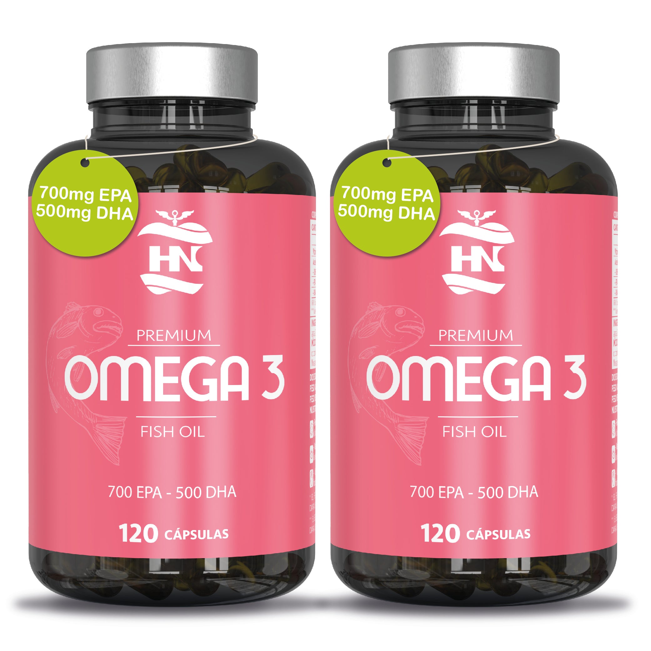 HN Nutrición Saludable Omega 3 Capsulas 2000 mg a Base de Aceite de Pescado Omega3-240 Perlas Blandas de Ácidos Grasos Omega 3 700mg EPA - 500mg DHA 1000mg Alta Concentración EPA – DHA con Vitamina E 120 Cap. (2 Botes)