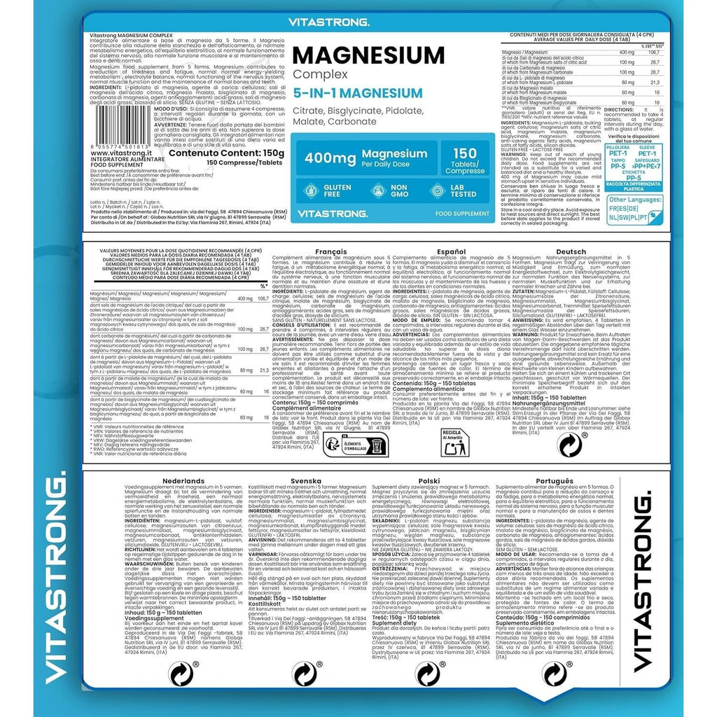 Vitastrong Premium Complejo de magnesio 400 mg por porción, 5 fuentes de bisglicinato de magnesio, citrato de magnesio, pidolato de magnesio, malato de magnesio y carbonato de magnesio, 150 tabletas