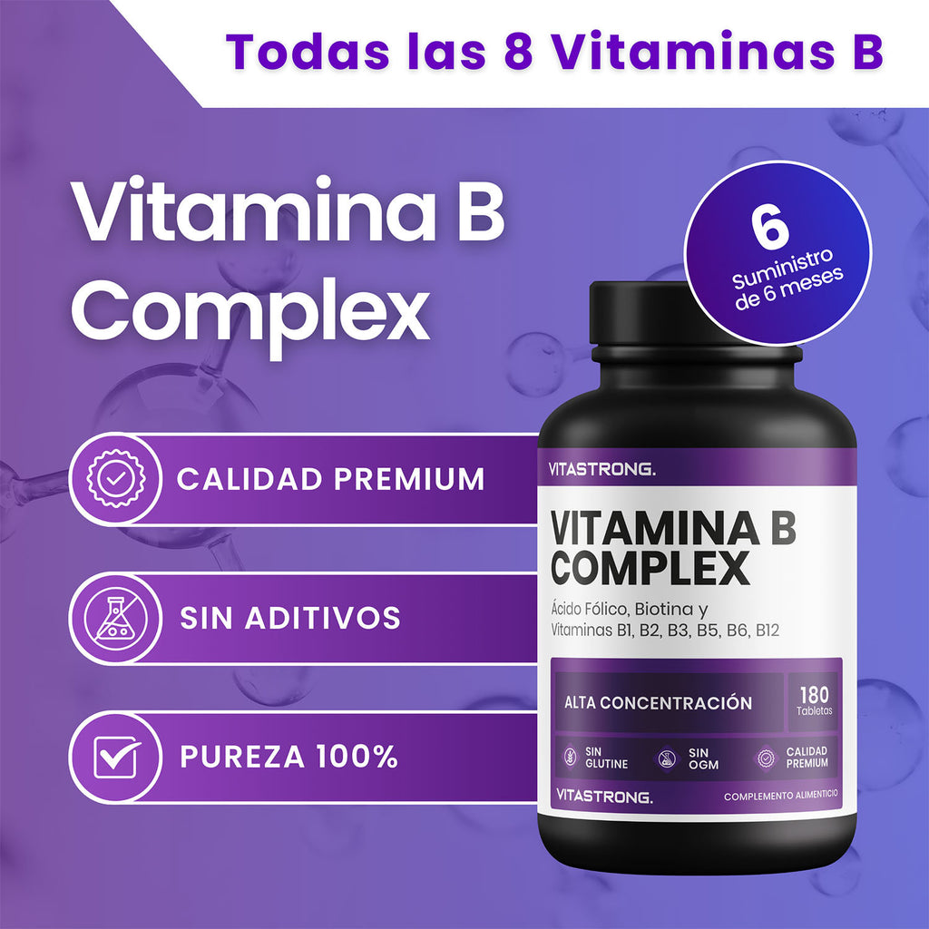 Complejo de vitamina B en dosis altas, 180: B1, B2, B3, B5, B6, B7, B9, B12, cianocobalamina, biotina pura, niacina, tiamina B1 pura, riboflavina B2, ácido pantoténico
