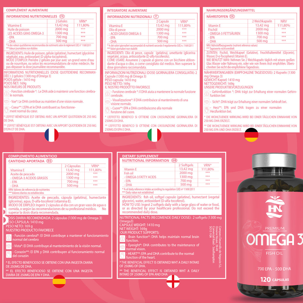 HN Nutrición Saludable Omega 3 Capsulas 2000 mg a Base de Aceite de Pescado Omega3-240 Perlas Blandas de Ácidos Grasos Omega 3 700mg EPA - 500mg DHA 1000mg Alta Concentración EPA – DHA con Vitamina E 120 Cap. (2 Botes)