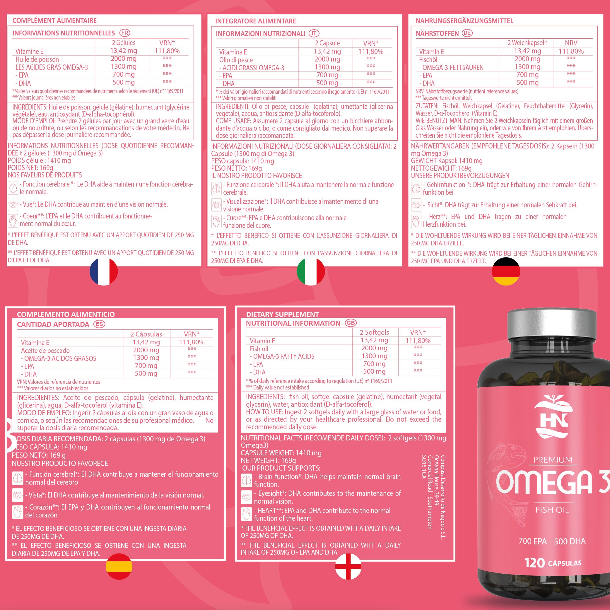HN Nutrición Saludable Omega 3 Capsulas 2000 mg a Base de Aceite de Pescado Omega3-240 Perlas Blandas de Ácidos Grasos Omega 3 700mg EPA - 500mg DHA 1000mg Alta Concentración EPA – DHA con Vitamina E 120 Cap. (2 Botes)
