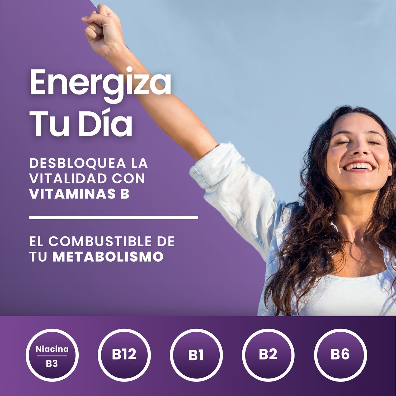 Complejo de vitamina B en dosis altas, 180: B1, B2, B3, B5, B6, B7, B9, B12, cianocobalamina, biotina pura, niacina, tiamina B1 pura, riboflavina B2, ácido pantoténico