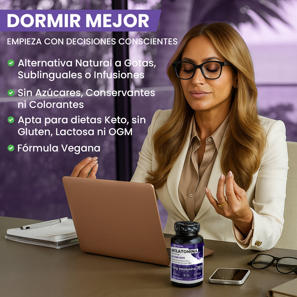 Melatonina Vitastrong Complex, 365 Microcomprimidos de 1Mg de Melatonina con Manzanilla, Valeriana, Lavanda y Vitamina B6, Melatonina de Liberación Prolongada, Sueño y Jet Lag, Pastillas de Melatonina Natural