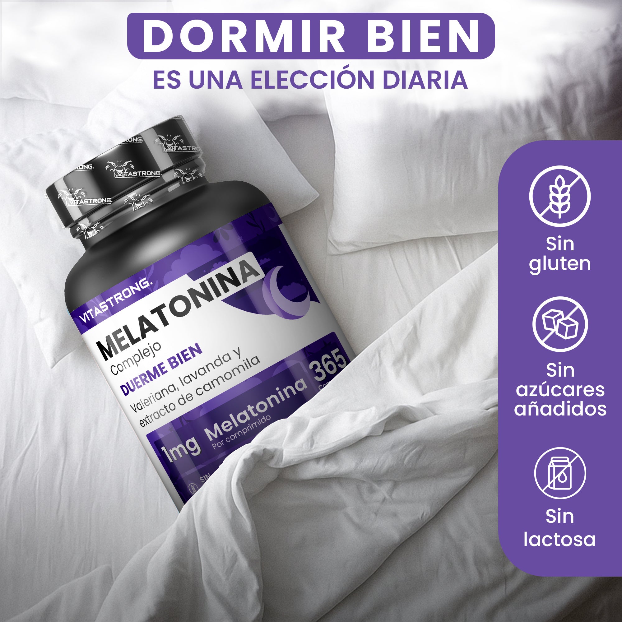 Melatonina Vitastrong Complex, 365 Microcomprimidos de 1Mg de Melatonina con Manzanilla, Valeriana, Lavanda y Vitamina B6, Melatonina de Liberación Prolongada, Sueño y Jet Lag, Pastillas de Melatonina Natural