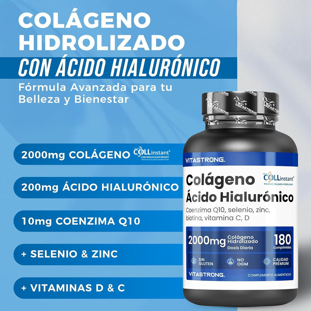 Colágeno y Ácido Hialurónico 180 Comprimidos, Colágeno Hidrolizado 2000mg con Biotina, CoQ10, Zinc, Selenio, Vitaminas C y D, Suplemento de Colágeno para Piel, Huesos y Articulaciones – Calidad COLLinstant
