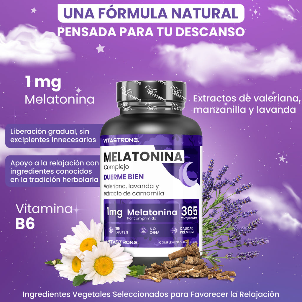 Melatonina Vitastrong Complex, 365 Microcomprimidos de 1Mg de Melatonina con Manzanilla, Valeriana, Lavanda y Vitamina B6, Melatonina de Liberación Prolongada, Sueño y Jet Lag, Pastillas de Melatonina Natural