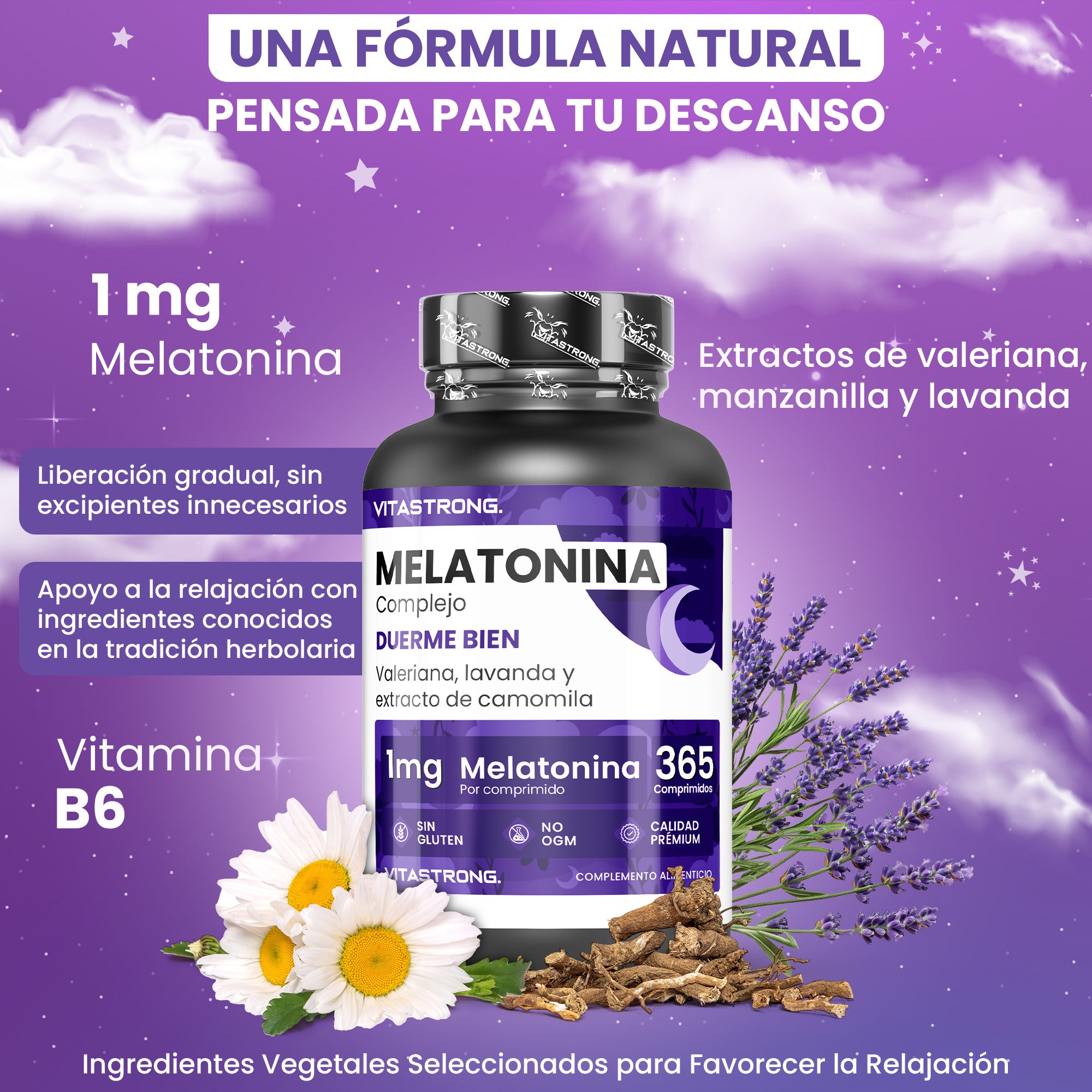 Melatonina Vitastrong Complex, 365 Microcomprimidos de 1Mg de Melatonina con Manzanilla, Valeriana, Lavanda y Vitamina B6, Melatonina de Liberación Prolongada, Sueño y Jet Lag, Pastillas de Melatonina Natural