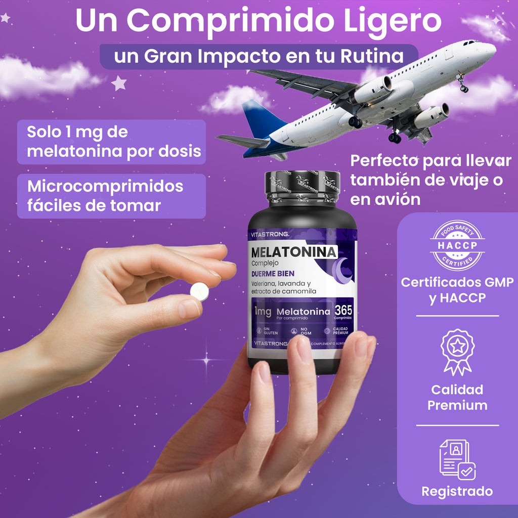 Melatonina Vitastrong Complex, 365 Microcomprimidos de 1Mg de Melatonina con Manzanilla, Valeriana, Lavanda y Vitamina B6, Melatonina de Liberación Prolongada, Sueño y Jet Lag, Pastillas de Melatonina Natural