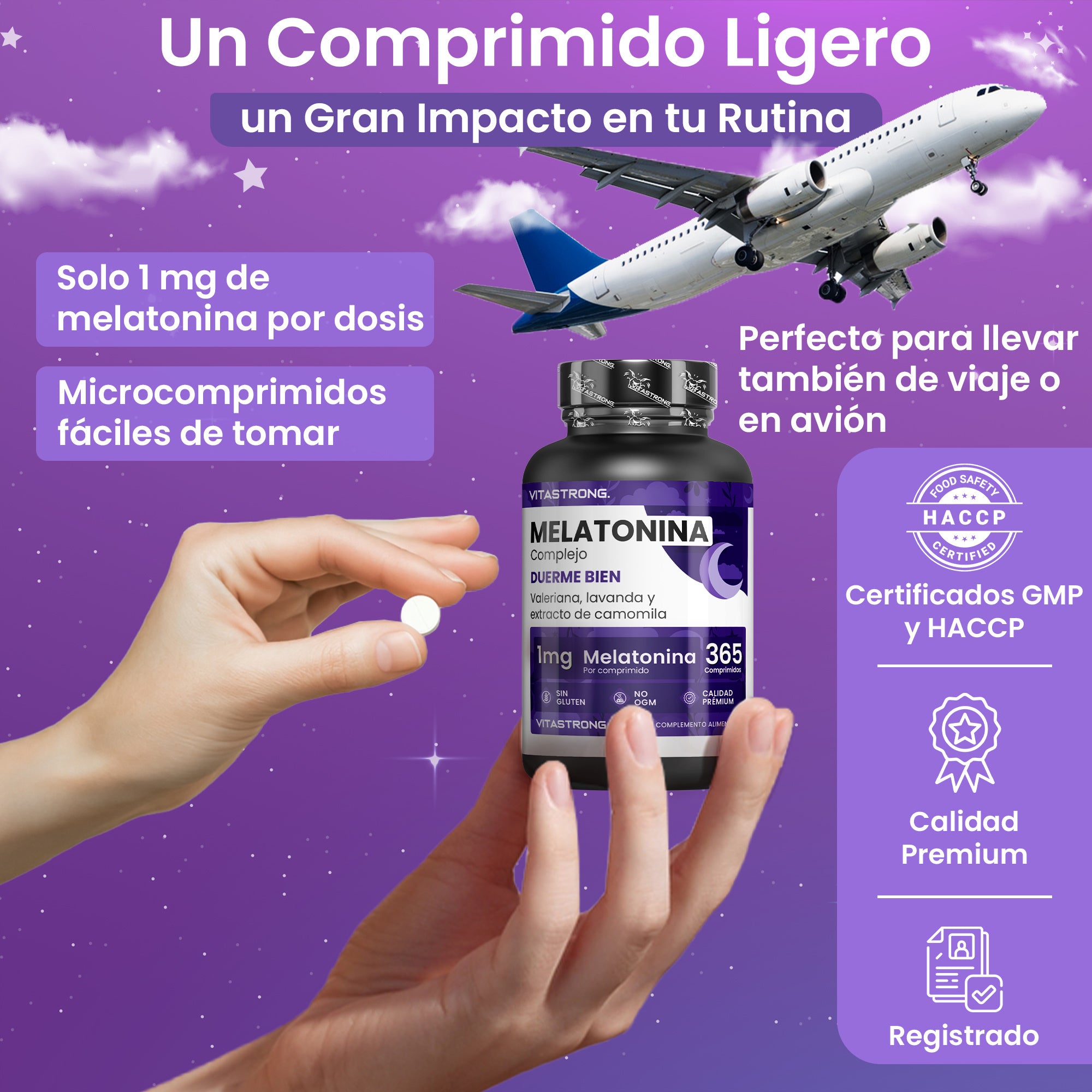 Melatonina Vitastrong Complex, 365 Microcomprimidos de 1Mg de Melatonina con Manzanilla, Valeriana, Lavanda y Vitamina B6, Melatonina de Liberación Prolongada, Sueño y Jet Lag, Pastillas de Melatonina Natural