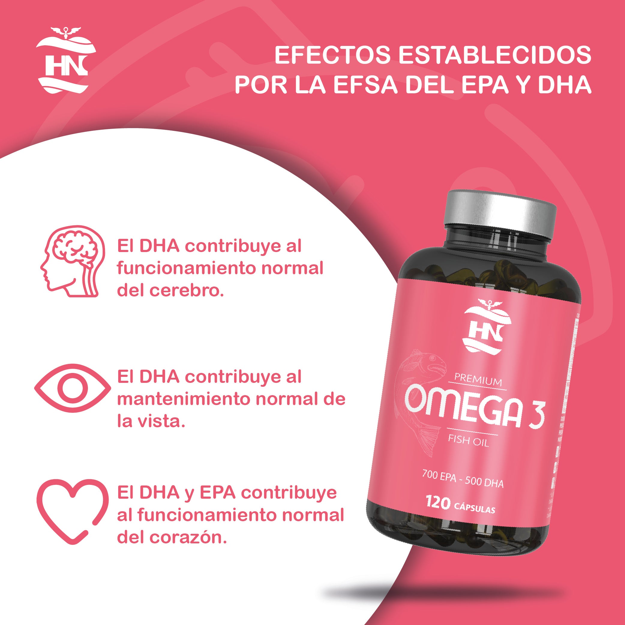 HN Nutrición Saludable Omega 3 Capsulas 2000 mg a Base de Aceite de Pescado Omega3-240 Perlas Blandas de Ácidos Grasos Omega 3 700mg EPA - 500mg DHA 1000mg Alta Concentración EPA – DHA con Vitamina E 120 Cap. (2 Botes)