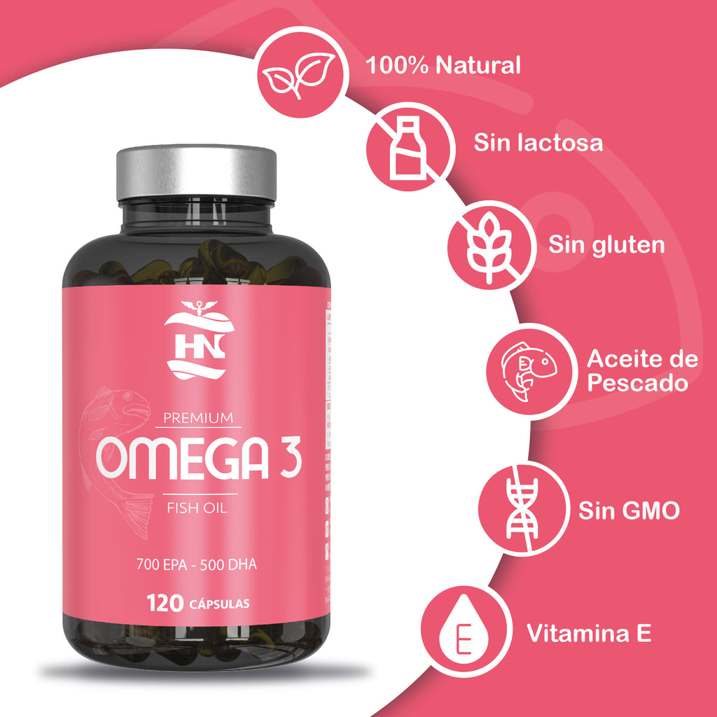 HN Nutrición Saludable Omega 3 Capsulas 2000 mg a Base de Aceite de Pescado Omega3-240 Perlas Blandas de Ácidos Grasos Omega 3 700mg EPA - 500mg DHA 1000mg Alta Concentración EPA – DHA con Vitamina E 120 Cap. (2 Botes)