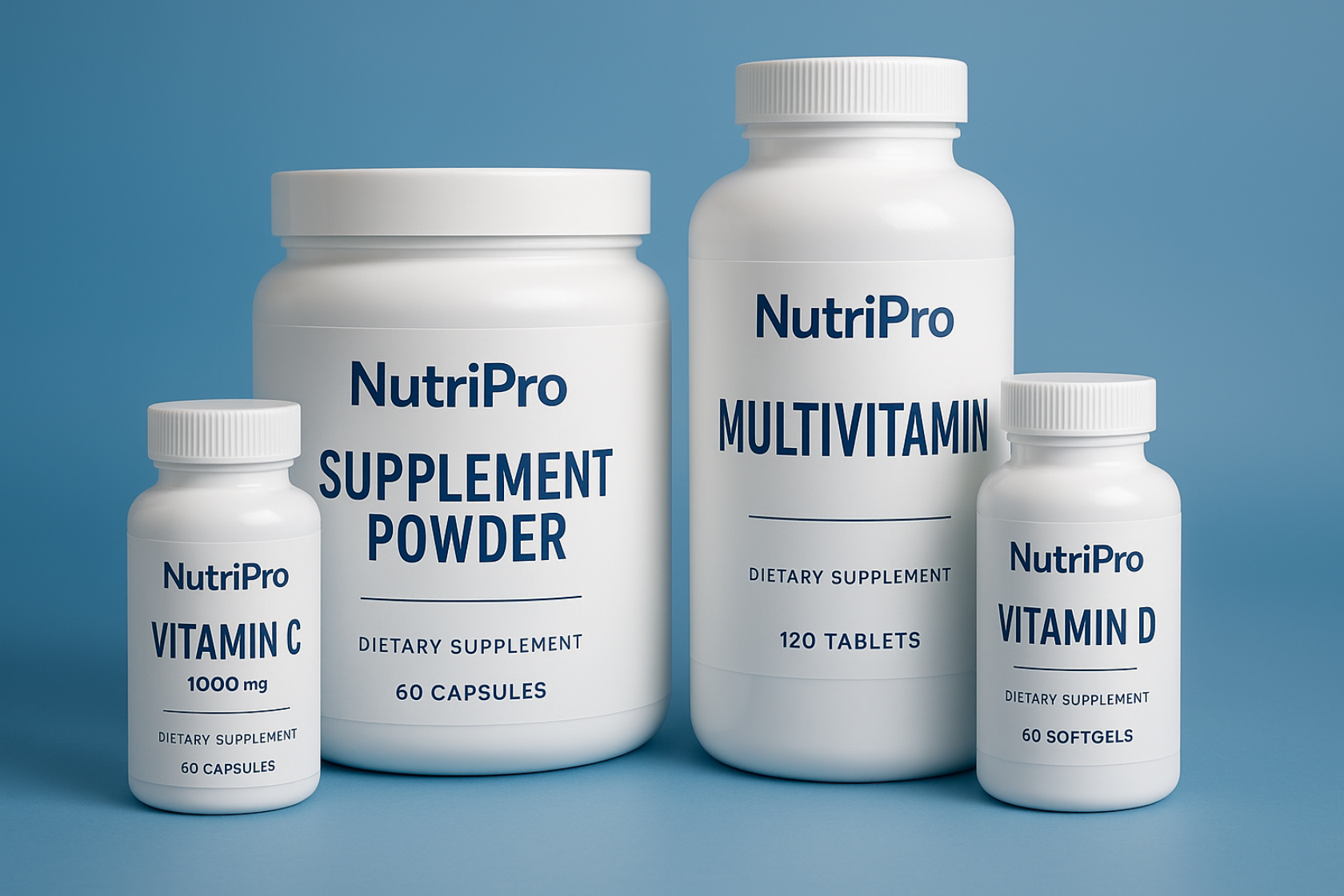 una imagen profesional sobre suplementación y vitaminas con un fondo liso azul y que en las botes ponga NutriPro